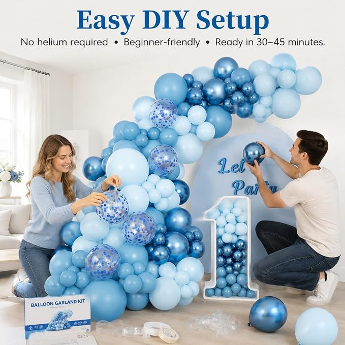 141 Pcs Blue Balloon Garland Arch Kit - Macaron & Metallic Chrome Blue Balloon Set with Confetti Balloons for Baby Shower, 1st Birthday, Wedding, Gender Reveal Party Decorations