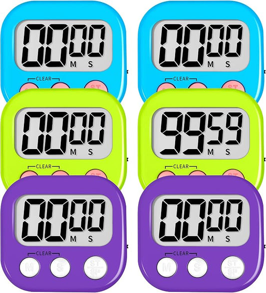 ZILLEEN 6 Pack Kitchen Timers for Cooking Digital Classroom Timers for Kids Teachers Blue Green Purple