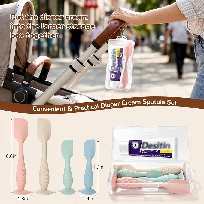 Baby Diaper Cream Spatula 4 Pack, Butt Spatula Baby with Travel Case, Soft Butt Paste Spatula with Suction Base, Portable Diaper Spatula，Perfect Baby Shower Gift