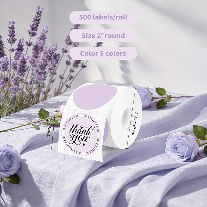 500 Labels/Roll 2" Purple Round Thermal Labels, Waterproof Circle Blank Thermal Sticker Compatible with Direct Thermal Label Printers for DIY Logo Designs, Thank You, Small Business