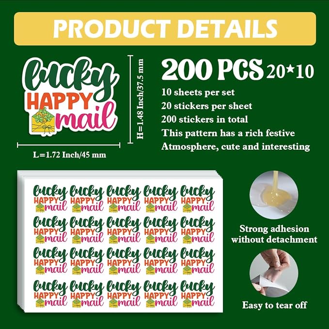 200 PCS St. Patrick's Day Packaging Stickers,Lucky Happy Mail Sticker for Small Business Envelopes Shipping Boxes Gift Packaging