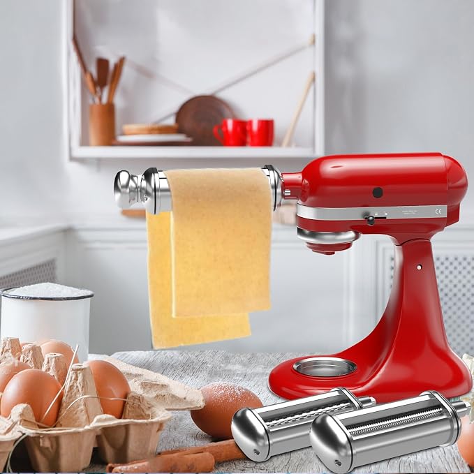 Pasta Maker Attachment for All Kitchenaid Stand Mixers, 3 PCS Kitchen Aid Pasta Attachments Included Pasta Dough Roller, Fettuccine Cutter, Spaghetti Cutter and Cleaning Brush