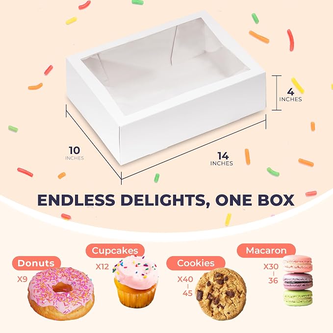 Fit Meal Prep 100 Pack 14 x 10 x 4 Inches White Bakery Boxes with Window, Auto-Popup Cardboard Gift Packaging and Baking Containers, Cupcake, Cookie and Loaf Bread Boxes