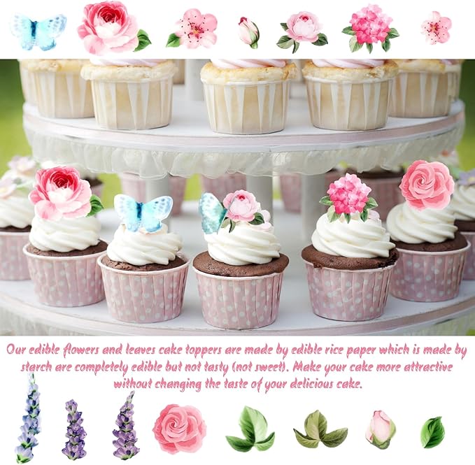 100Pcs Edible Flowers Cake Decorations - Wafer Paper Edible Flowers & Butterflies & Leaves Cupcake Toppers, Flower Cupcake Toppers for Wedding Birthday Baby Shower Party Cake Decorating