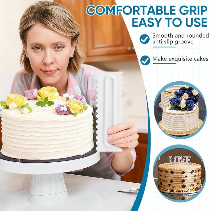 SenseYo 3 Pcs Cake Scraper Smoother 9 Inch Plastic Cream Decorating Comb Sided Patterned Edge Stripe DIY Tools for Icing Mousse Butter Frosting Baking Projects White