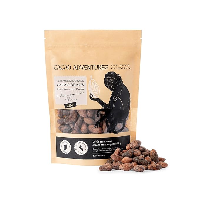 Cacao Adventures Raw Whole Cacao Beans, Awajun-Farmed Peru, 1 lb