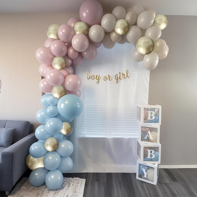 Gender Reveal Balloon Arch Kit, 100 PCS Dusty Pink Blue Balloons, Metallic Gold Sand White Balloons for Boy or Girl Gender Reveal Boho Birthday Wedding Baby Shower Bridal Bear Theme Party Decorations