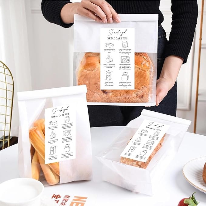 80 Pcs Sourdough Bread Care Instruction Stickers, 2x3.5 Inch Minimalist Black and White Storage Tips Labels for Bakery Bakers, Client Packaging and Homemade Bread