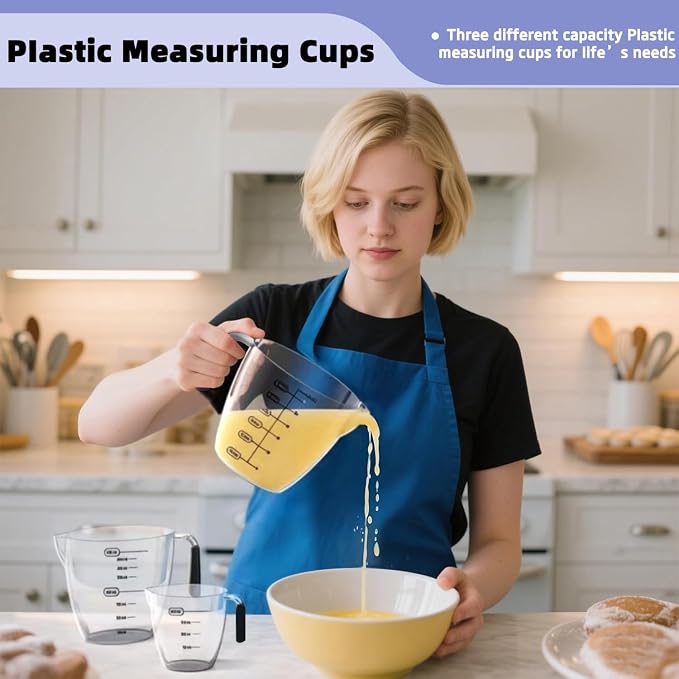 Measuring Cups,3 Pcs Plastic Measuring Cups(1, 2 & 4 Cup),Liquid Measuring Cups For Prepping, Baking and Cooking, Preheated Oven, Dishwasher, Freezer, and Microwave Safe