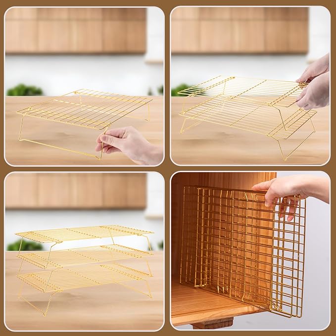 Cooling Rack for Baking 3 Tiers, 16" x 10" Cookie Cooling Wire Rack Stackable Collapsible Nonstick, Stainless Steel Baking Cooking Cooling Racks with Optimum Air Flow, Gold