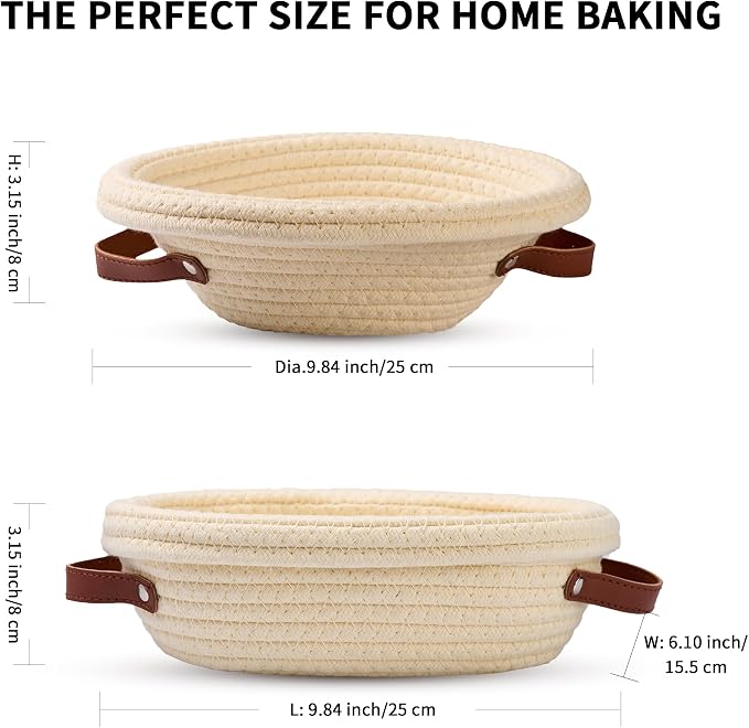 2 Pack Banneton Bread Baskets, Handmade Cotton Rope Weaving Sourdough Bread Baking Supplies, 10 inch Round & 10 inch Oval Bread Basket, Family Baking Tools with Liner