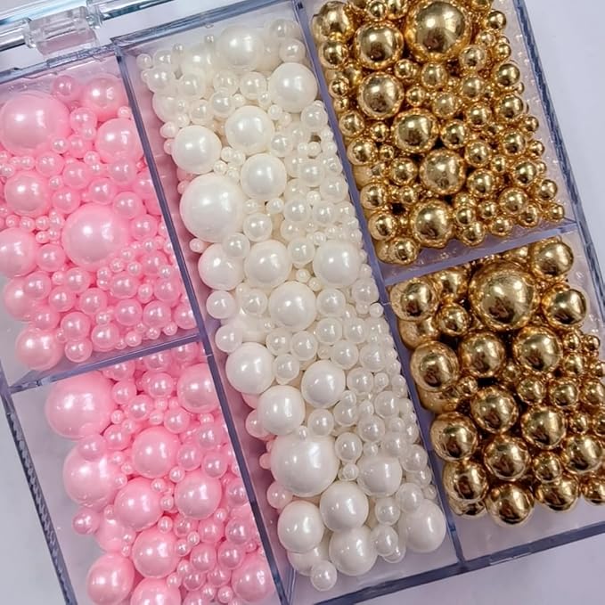HeDeon&Rles Pink White Gold Pearls Sprinkles for Baking Decorating 90g/3.17oz 4 Size Mix Edible Pearls for Cake Cupcake Pancake Icing Decoration Independence Christmas Halloween Supplies