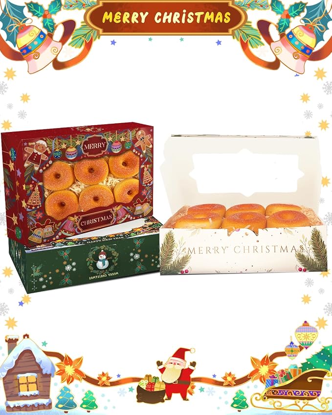 qiqee Christmas Cookie Box with Window 9x6x2.5 inch 50Pcs Pastry Macaron Retro Christmas Bakery Box For Christmas