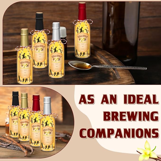 Tioncy 16 Pcs Empty Vanilla Extract Bottles for Homemade Vanilla Jar Glass Bottle with Cap, Shrink Band, Sticker DIY Crafts Wedding Gift Food Storage Canister for Bean(Multicolour,8.5 oz)