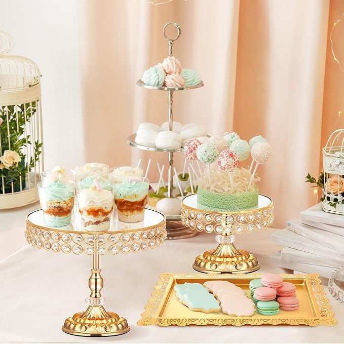 12 Pieces Gold Cake Stand Set, Vintage Cake Display Stand with Crystal Edge and Cupcake Display Tray, Dessert Table Display Set for Wedding Party Baby Shower Anniversary Celebration