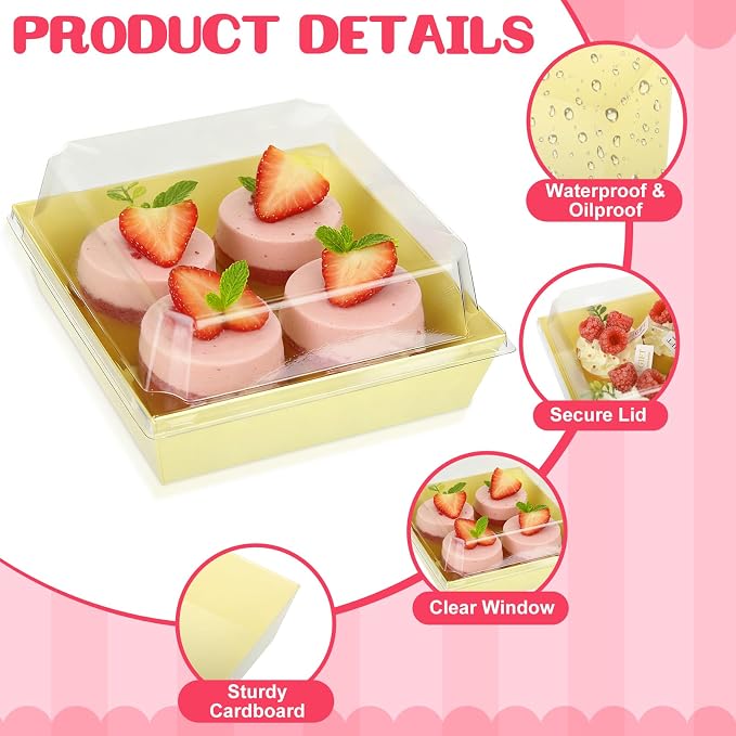Vesici 100 Pcs 5 Inch Small Charcuterie Boxes with Clear Lids Cake Slice Containers Paper Bakery Boxes Disposable Food Containers for Dessert Cookie Sandwich Mini Cake Strawberry