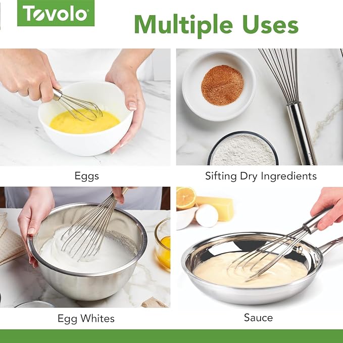Tovolo Stainless Steel Whisk Set of 5 Complete Dishwasher Safe Collection 6" Mini, 9" Beat, 10" Flat for Sauce, 11" Balloon Whip and 12" Dutch Dough Whisk for Cooking Whisking Mixing Whipping Beating