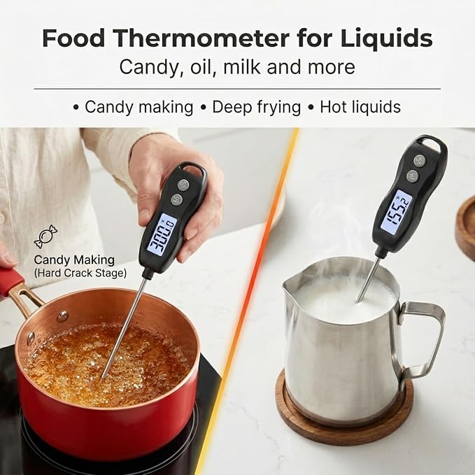 Meat Thermometer Digital Instant Read, Waterproof for Cooking & BBQ (Black) | Backlit food thermometer with 5.3” probe for steak, turkey, oil, candy, liquids, sourdough & baking