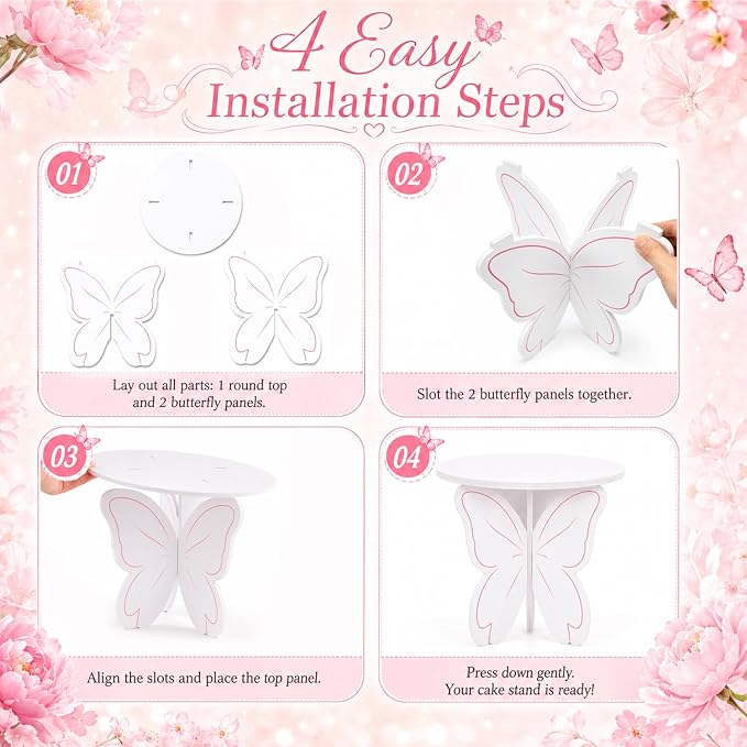 Pink White Butterfly Cake Stand, 3D PVC Dessert Display Stand for Birthday Party, Baby Shower, Wedding and Dessert Table Decor, Cake Holder for Cupcakes, Cakes and Sweets