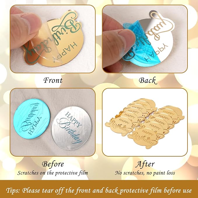20 Pcs Mirror Acrylic Happy Birthday Cupcake Toppers Gold Happy Birthday Cake Topper Engraved Cake Picks for DIY Birthday Gift Flower Bouquet Pastries Desserts Decor