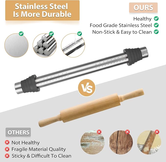Adjustable Rolling Pin with Thickness Rings for Baking -Non Stick Stainless Steel Dough Roller Pin with Bands for Cookie,Wood,Wooden and Bread (Grey, 15.8 '')