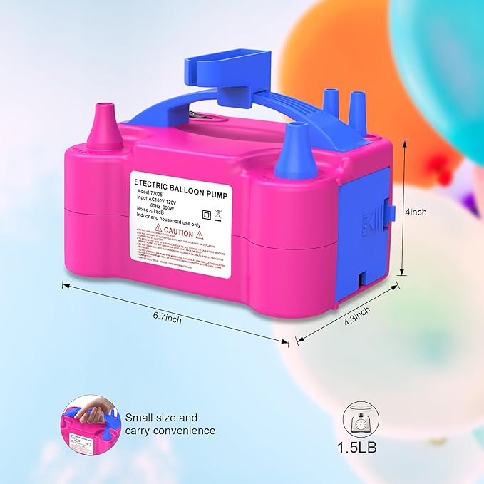 IDAODAN Electric Balloon Pump, Portable Electric Balloon Blower Machine Balloon Air Pump Dual Nozzle Rose Red 110V 600W Balloon Inflator for Party Decorations