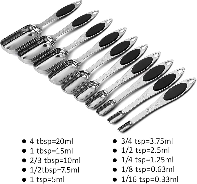 Magnetic Measuring Spoons Set of 11,Stainless Steel Magnetic Measuring Spoons,Teaspoon Measuring Spoon with Leveler for Dry or Liquid Ingredients (11, Black)