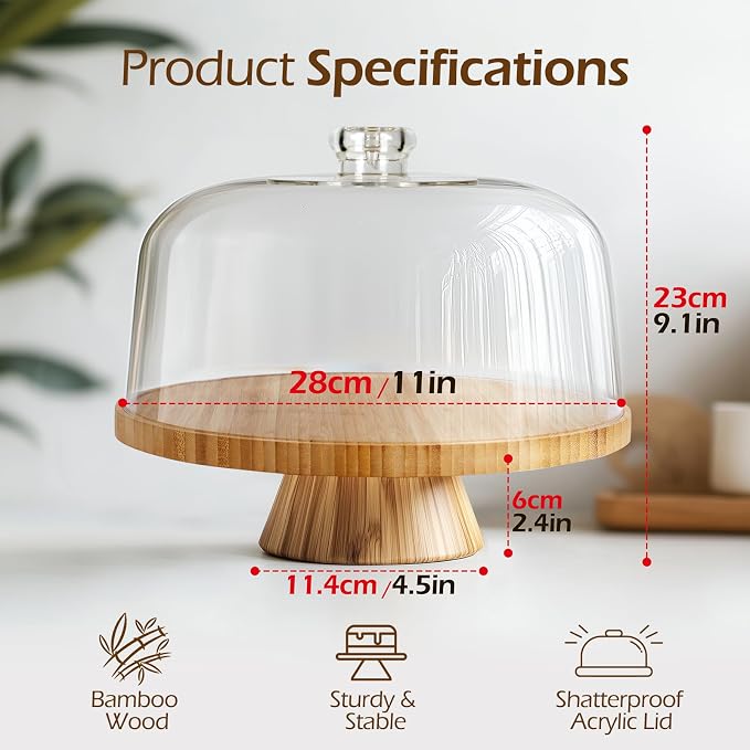MASTERTOP Cake Stand with Dome Cover - 6 in 1 Cake Stand with Lid, Multi-Functional Wood Serving Platter/Cake Plate/Salad Bowl/Nachos/Punch Bowl, Wedding Cake Stands for Dessert Table