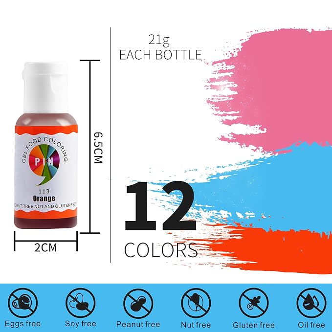 12 Food Coloring Gel Set, Vibrant Edible Concentrated Food Coloring for Cake Cookie Decorating, Easter Egg, Lcing, Fondant, Baking, Macaron (21ml/Bottle)
