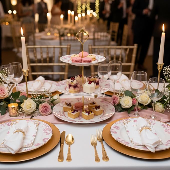 Lallisa Pink Floral 3 Tier Dessert Stand 10", 9" and 7" Ceramic Vintage Chinoiserie Tea Party Tiered Tray Cupcake Stand Display Holder Tower for Wedding Baby Shower Bridal Shower Tea Party