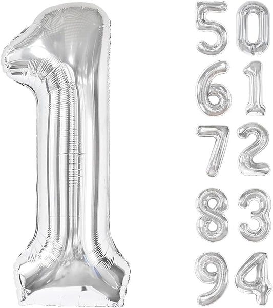 40 Inch Silver 1 Balloon for First Birthday, 1st Number Balloons Birthday Decorations for Girl Boy Kids Toddler Baby, One Giant Number 1 Balloon