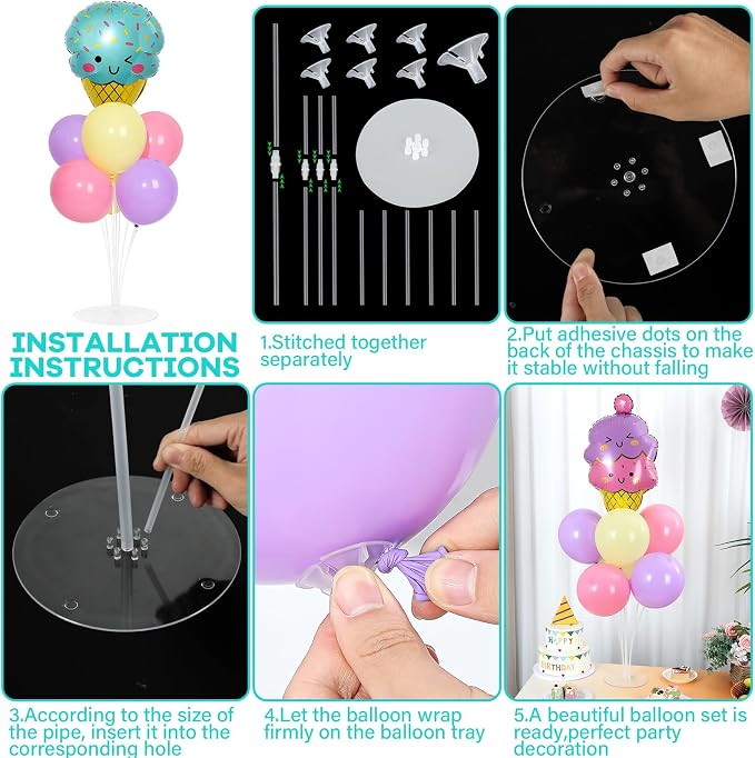 4 Sets Ice Cream Birthday Party Balloons Stand Kit with Ice Cream Foil Balloons Macaron Theme Party Ball Balloon Centerpiece for Tables for Summer Themed Birthday Baby Shower Decoration
