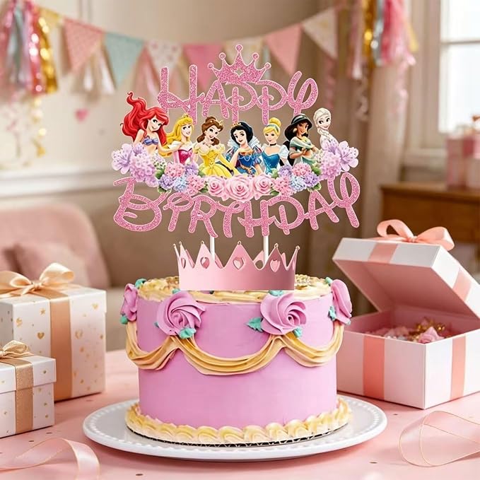 Glitter Princess Cake Topper, Cute Happy Birthday Cake Topper, Birthday Party Supplies, Princess Themed Party Decorations for Girls