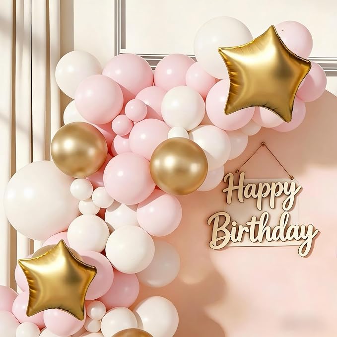 Pink White Gold Balloon Arch Garland Kit 143Pcs Pink White Metallic Gold Latex Balloons with Star Foil Balloons for Wedding Bridal Shower Birthday Party Decorations