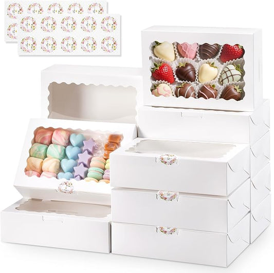 20pcs Cookie Boxes with Window, 9x6x2.5 Inches White Bakery Boxes for Dessert, Treat, Pastry, Donut, Chocolate Covered Strawberry - Baked Goods Packaging for Holiday Gift Giving