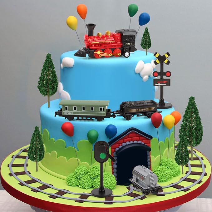 12Pcs Train Cake Toppers Train Cake Decorations with Traffic Track Railway Lights Sign for Trains Themed Birthday Party Decorations Transport Themed Party Supplies