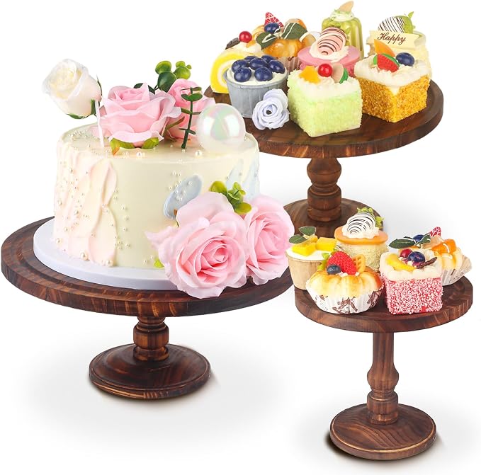 Wisreach Set of 3 Rustic Wooden Cake Stands — Farmhouse Cupcake Pedestal Display for Weddings, Birthdays, Desserts & Parties — Tiered Serving Trays for Cakes, Snacks & Decor