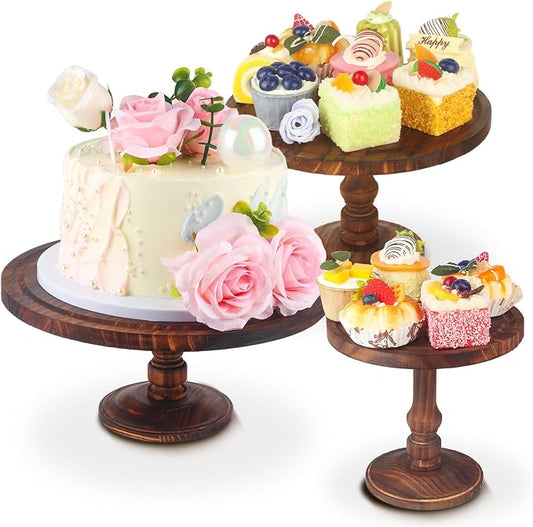 Wisreach Set of 3 Rustic Wooden Cake Stands — Farmhouse Cupcake Pedestal Display for Weddings, Birthdays, Desserts & Parties — Tiered Serving Trays for Cakes, Snacks & Decor