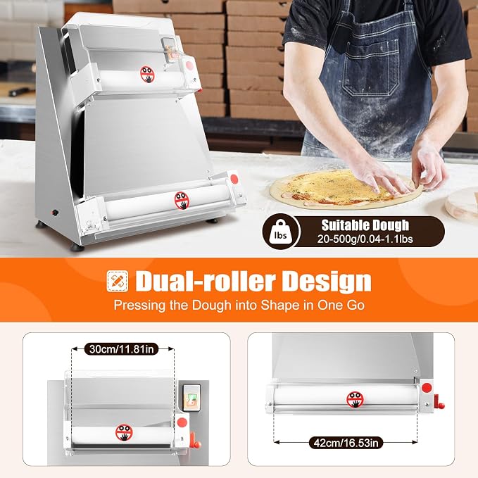 Bepritm Pizza Dough Roller Sheeter, 370W Stainless Steel Electric Pizza Press with Adjustable Thickness, 3-15" Commercial Making Rolling Machine for Pizza Shops, Restaurants (3-15in Pizza Size)