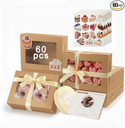 OAMCEG 60 Pack Cookie Boxes with Window, 8x6x2.5 Inch Bakery Treat Boxes for Christmas Holiday Gift Giving, Desserts, Donuts, Pastries-Brown