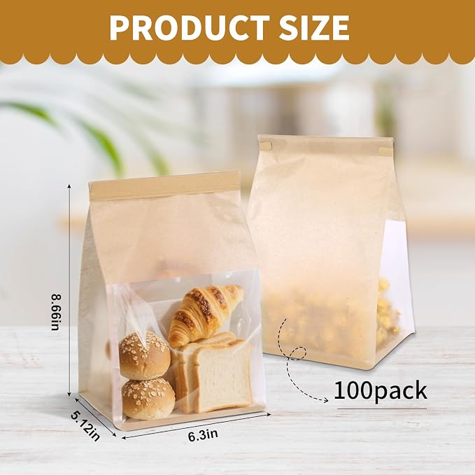 100 Pack Bread Bags with Tin Tie，Small Bakery Bags with Clear Window，Bagel Bags，Cookie Bag for Bakery, Homemade Bread，Popcorn，Cookies，Coffee Bean