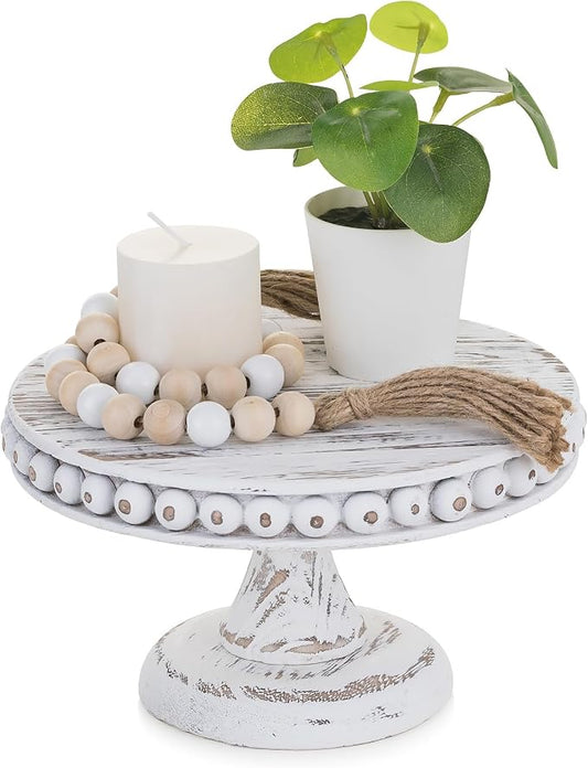 Hanobe Small Wood Cake Stand: White Cupcake Pedestal Stand 8 inch Dessert Display Riser Rustic Round Cakes Holder Tray Vintage Beads Wooden Plate for Wedding Birthday Decor