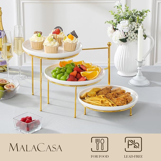 MALACASA White 3 Tier Serving Tray Stand with Gold Rack, 10 Inch Porcelain Tiered Dessert Stand, Cupcake Fruit Display Tower, Serving Platters for Party, Appetizer Tray, Dessert Table Display