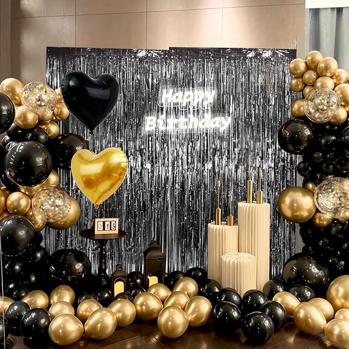 157Pcs Black and Gold Balloons Garland Arch Kit with Fringe Curtain for Graduation Birthday New Year’s Eve Black Tie Gala Anniversary Wedding Party Decorations