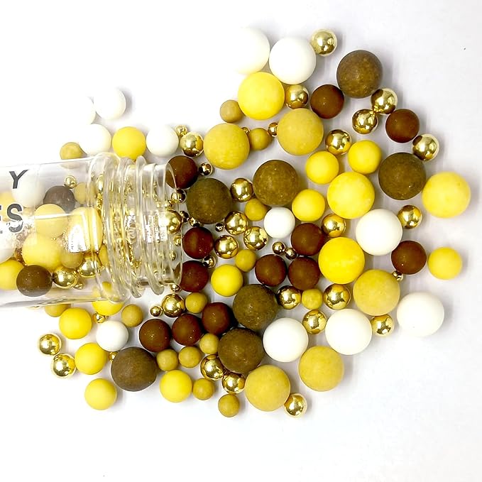 Edible Yellow Brown White and Gold Pearl Sprinkles 142g/ 5.01oz Mixed Color Size Pearl Sprinkles for Cake Decorating Candy Baking Decorations and Cookie Decorating for Wedding Parties Christmas