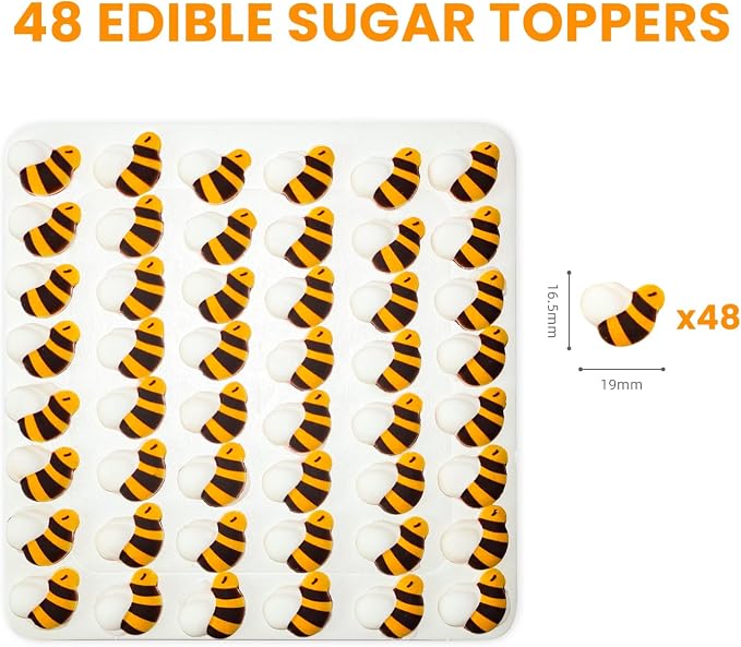 Edible Bee Cake Decorations, Royal Icing Bee for Cupcake Topper, Edible Bee Sprinkles Sugar for Cakes Cupcakes Cookies Chocolate Macarons Baking Baby Shower Decoration, 48 pcs