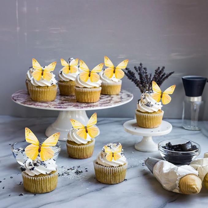 Gyufise 72Pcs Edible Cupcake Toppers - Wafer Paper Butterfly Cupcake Picks for Baby Shower & Kids Birthday Party Cake Supplies - Yellow