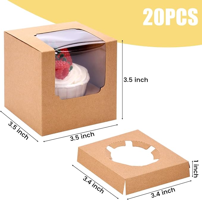 VGOODALL 20PCS Cupcake Boxes, 3.5"x3.5"x3.5" Individual Cupcake Containers Pre-Assembled Containers with Window and Inserts for Wedding Baby Shower Birthday Party Supplies