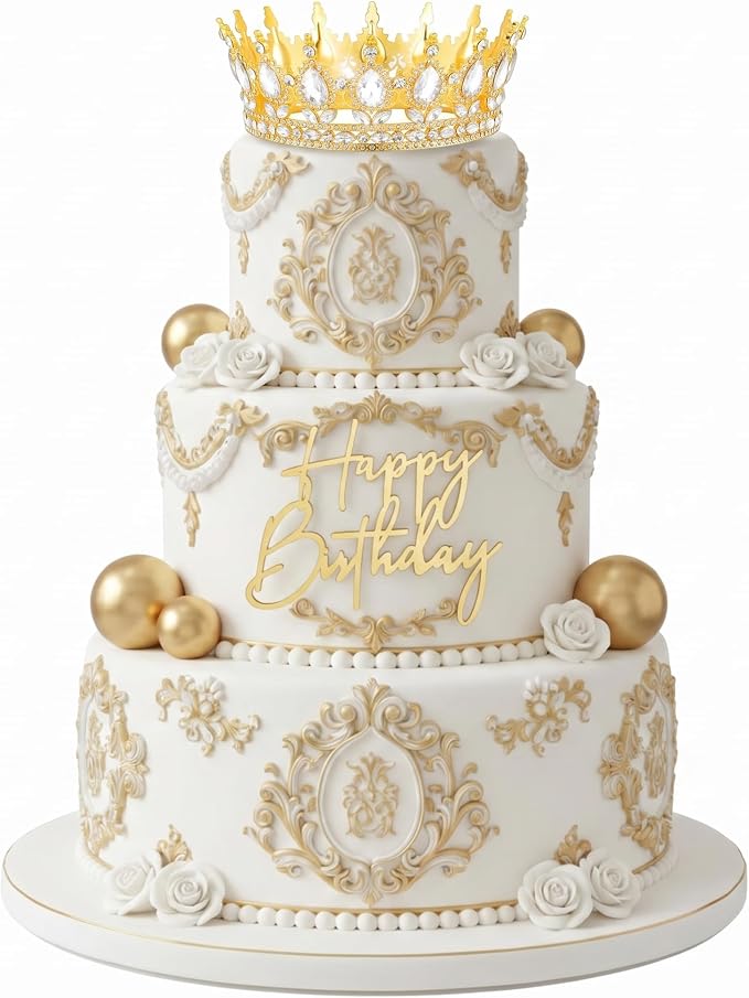 8 Pcs Gold Queen Crown Cake Topper for Women, Happy Birthday Cake Toppers Foam Balls Rhinestone Crystal Tiara Wedding Decoration for Princess Party Photo Props