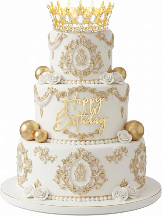 8 Pcs Gold Queen Crown Cake Topper for Women, Happy Birthday Cake Toppers Foam Balls Rhinestone Crystal Tiara Wedding Decoration for Princess Party Photo Props